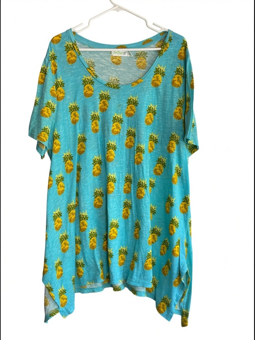SunBay Pineapple Print Tunic Top 2X Blue Green Tropical Short Sleeve